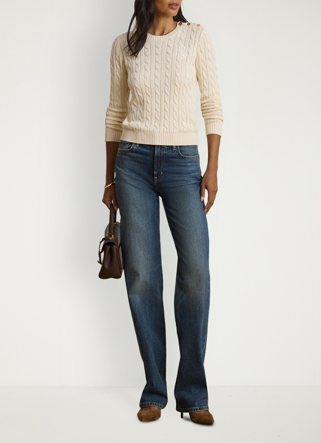 Ralph Lauren Kabelgebreide trui met logoborduring - voorkant 4 mascarpone crème / crème