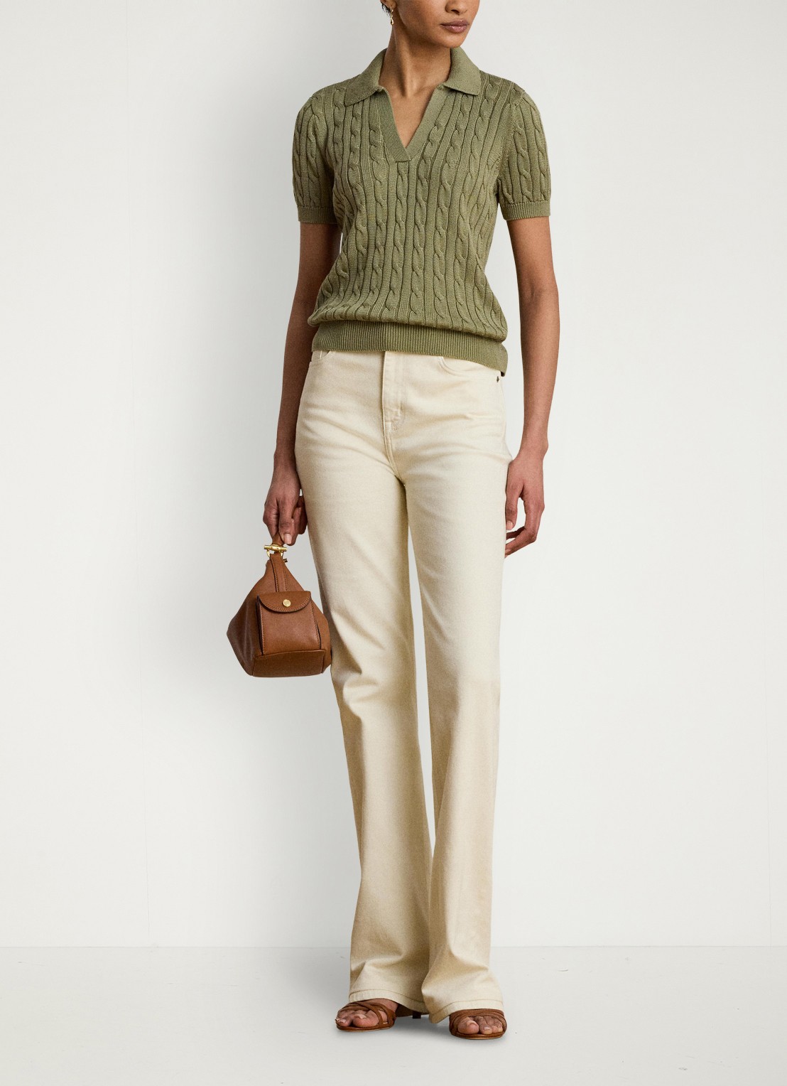 Ralph Lauren Kabelgebreide trui met logoborduring - voorkant 3 light agave / groen
