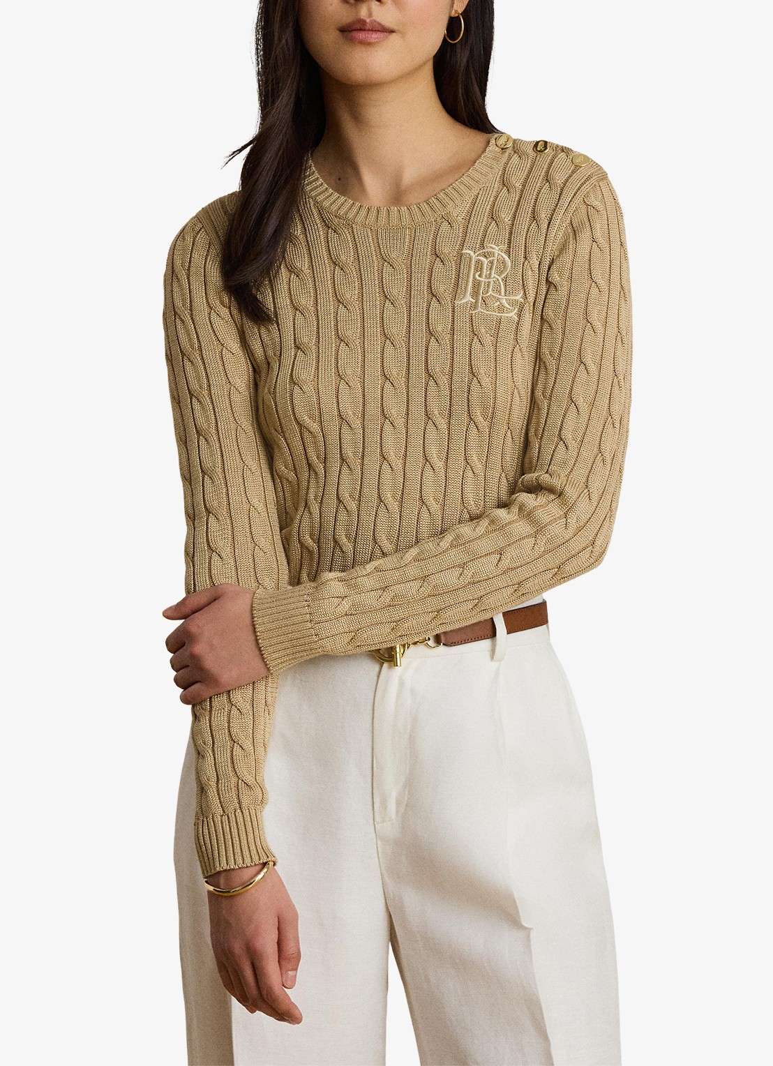 Ralph Lauren Kabelgebreide trui met logoborduring - detail 2 birch tan / beige