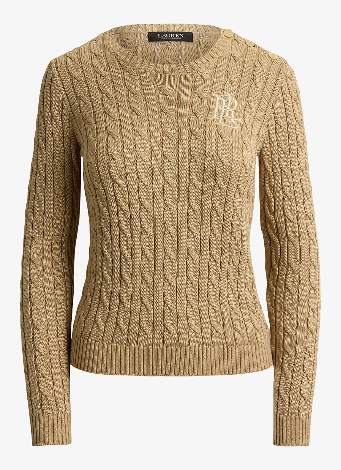 Ralph Lauren Kabelgebreide trui met logoborduring - voorkant 4 birch tan / beige