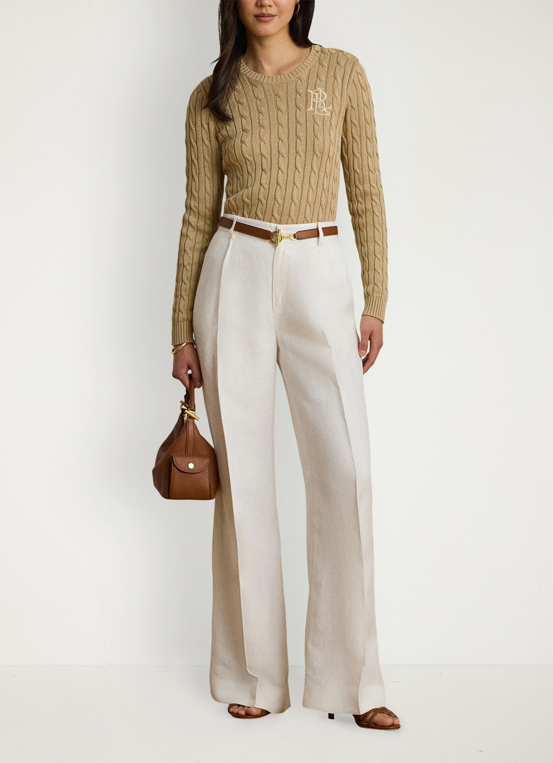 Ralph Lauren Kabelgebreide trui met logoborduring - voorkant 5 birch tan / beige