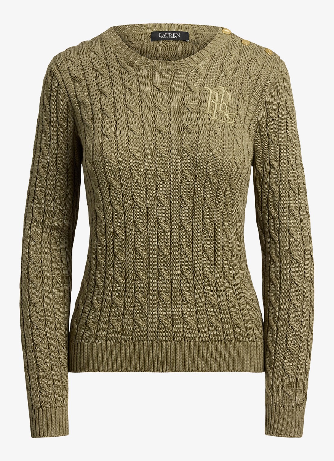 Ralph Lauren Kabelgebreide trui met logoborduring - voorkant 4 light agave / groen