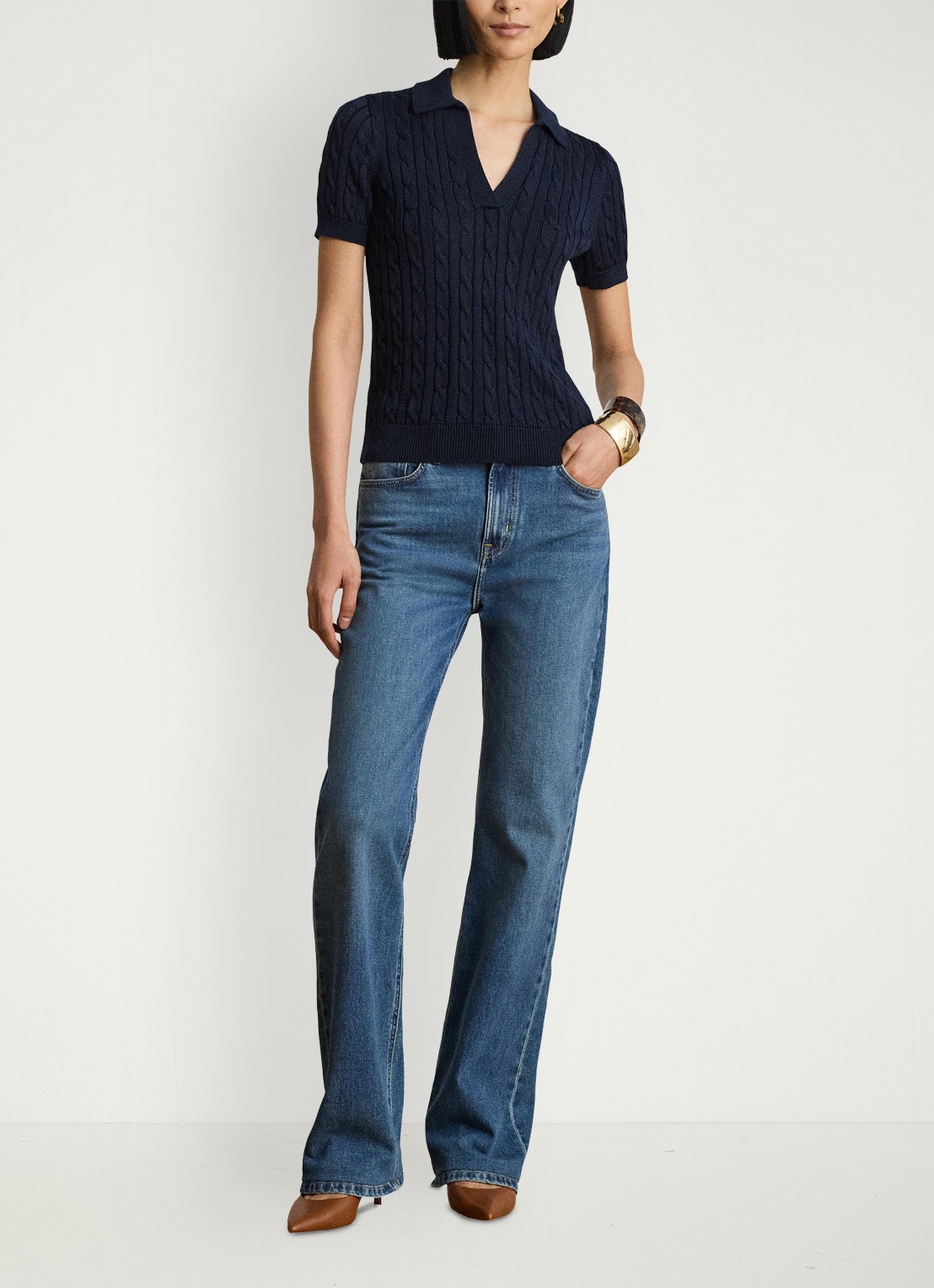 Ralph Lauren Kabelgebreide trui met logoborduring - voorkant 4 lauren navy / blauw