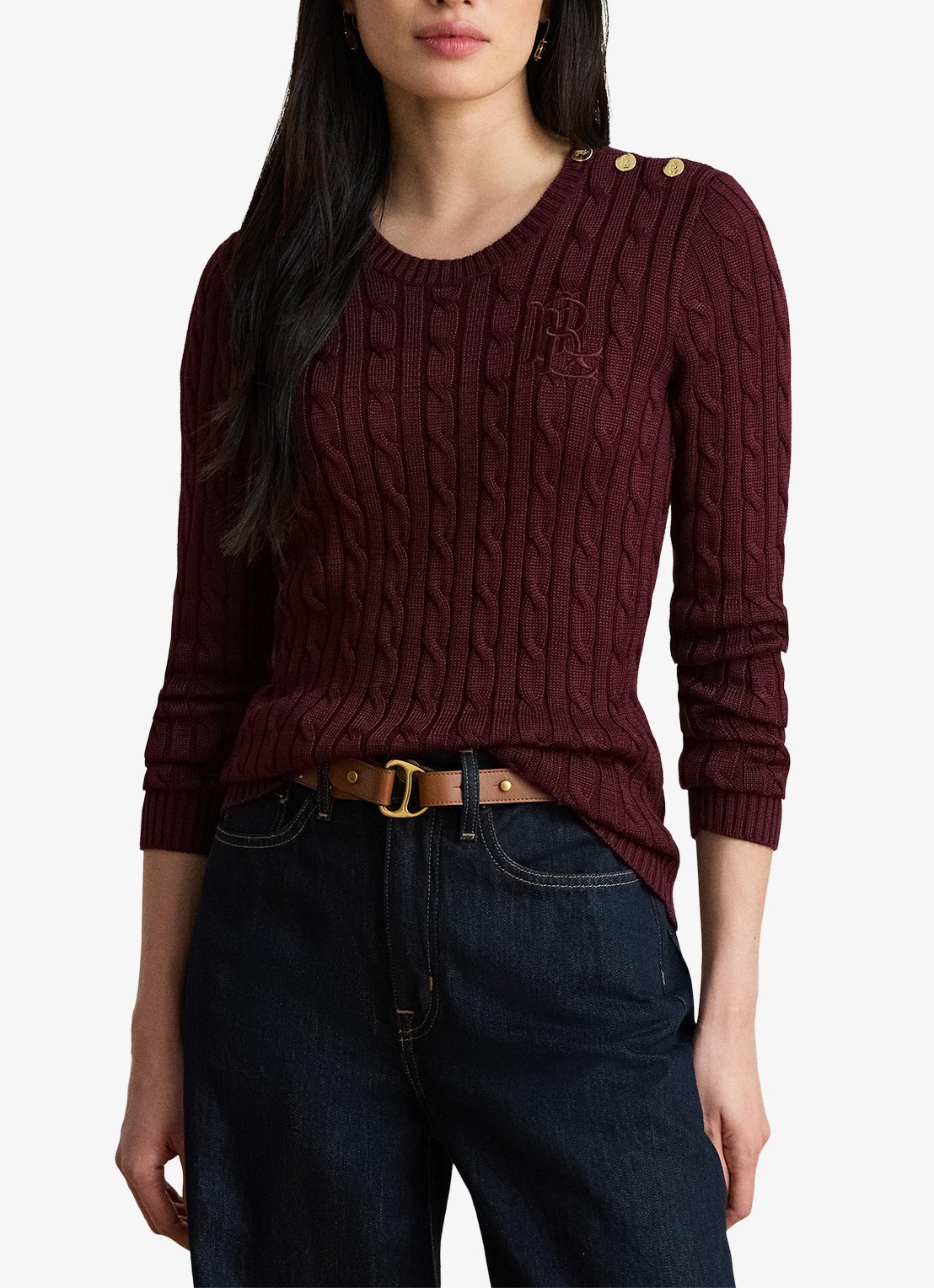 Ralph Lauren Kabelgebreide trui met logoborduring - voorkant 5 dark garnet / bordeauxrood