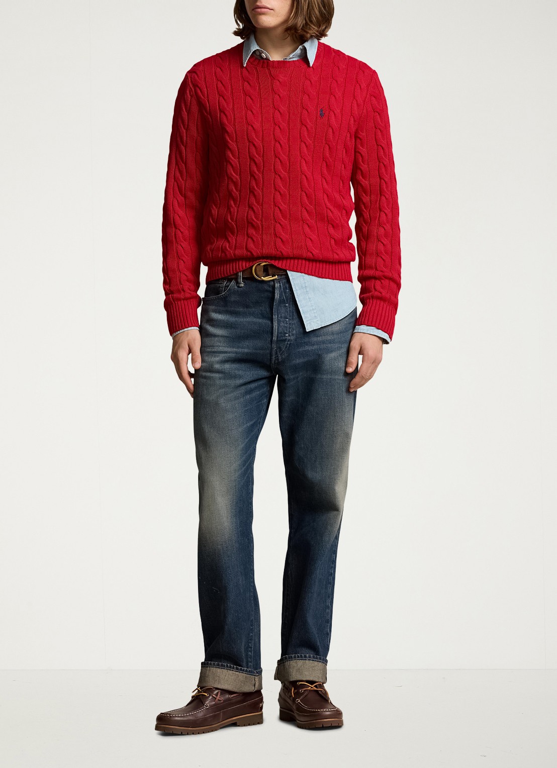Ralph Lauren Kabelgebreide trui met logoborduring - voorkant 4 park avenue red-2zpd