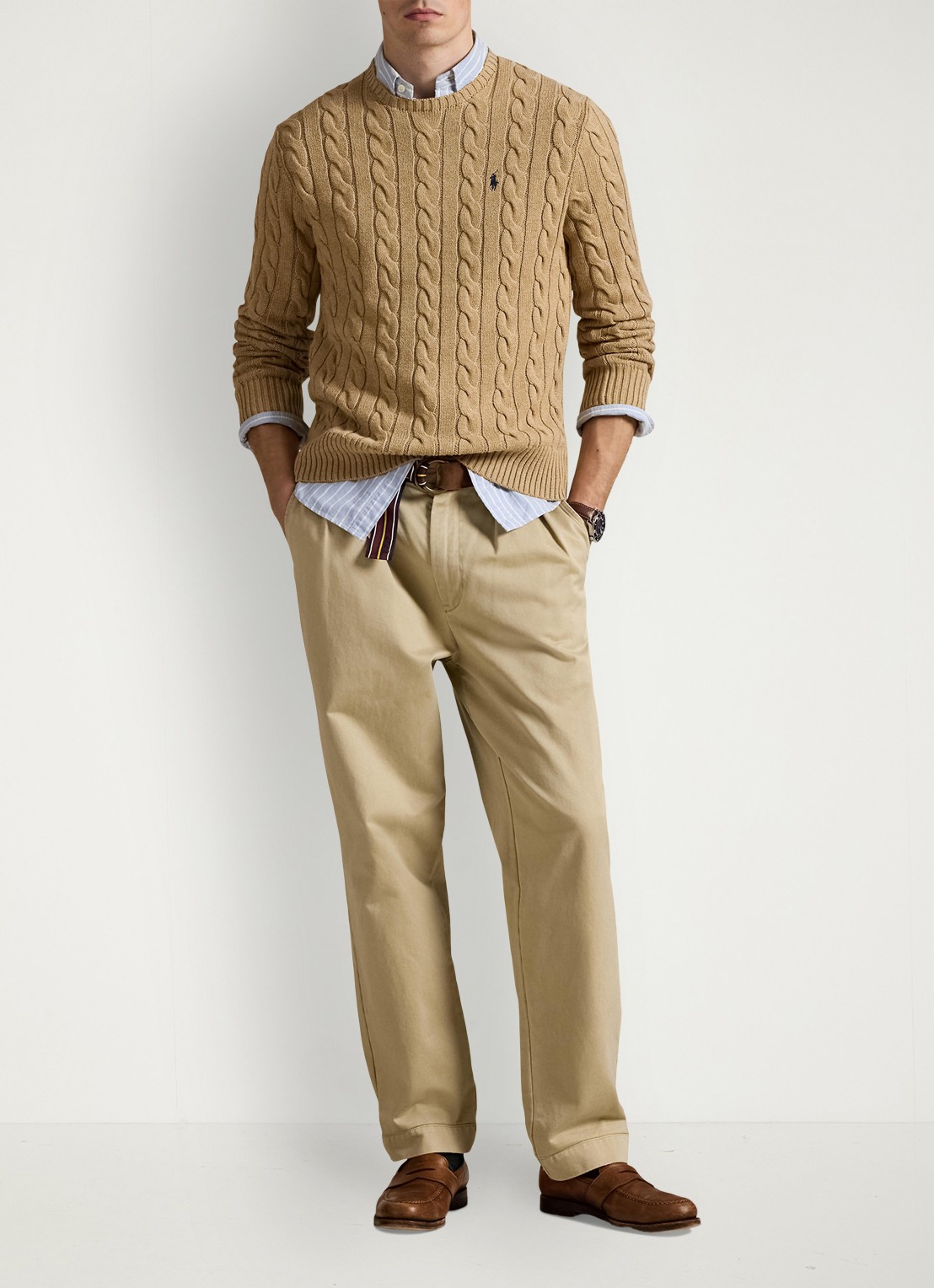 Ralph Lauren Kabelgebreide trui met logoborduring - voorkant 5 camel melange-2x88