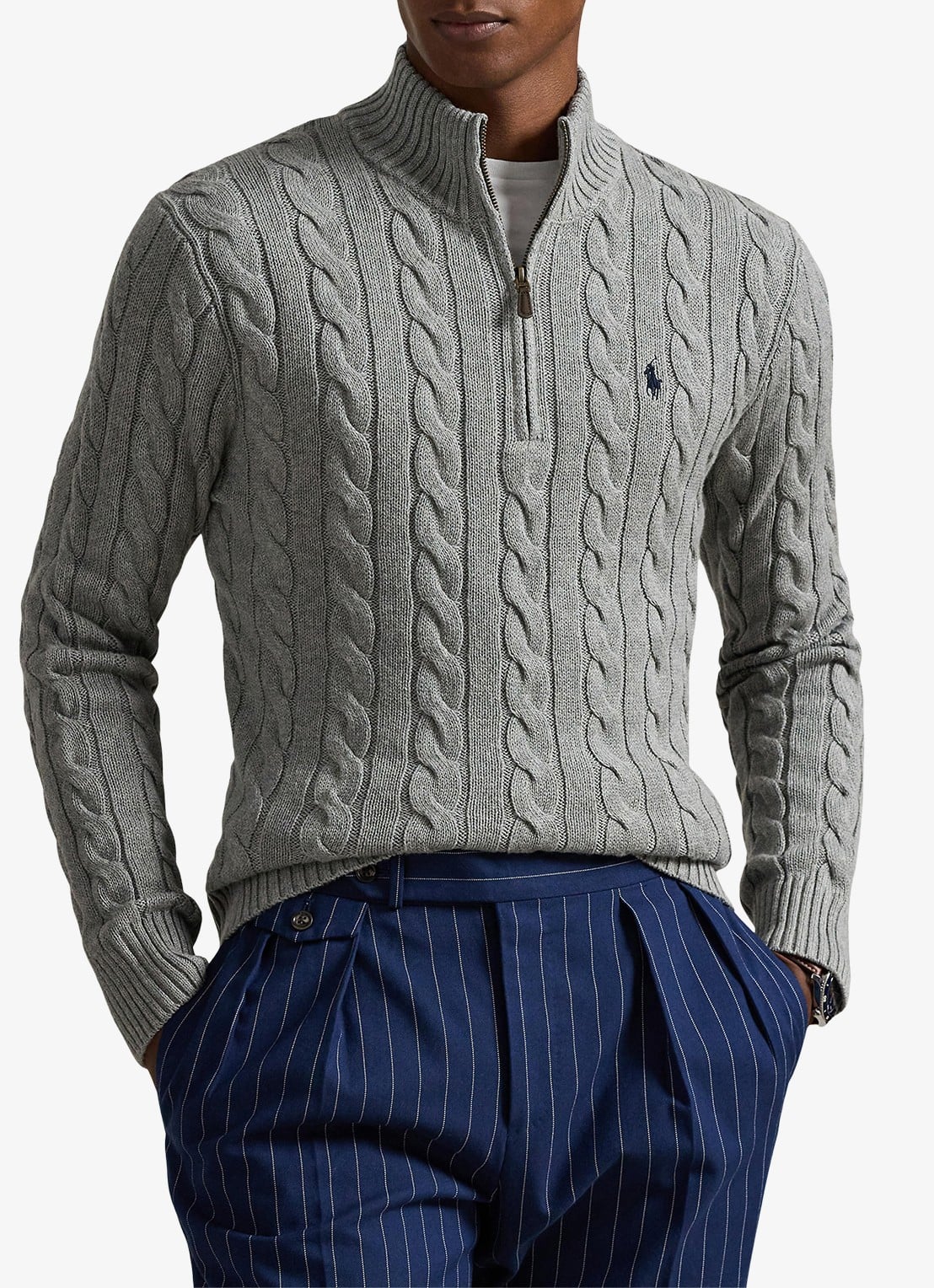 Ralph Lauren Kabelgebreide trui met logoborduring - detail fawn grey heather / grijs
