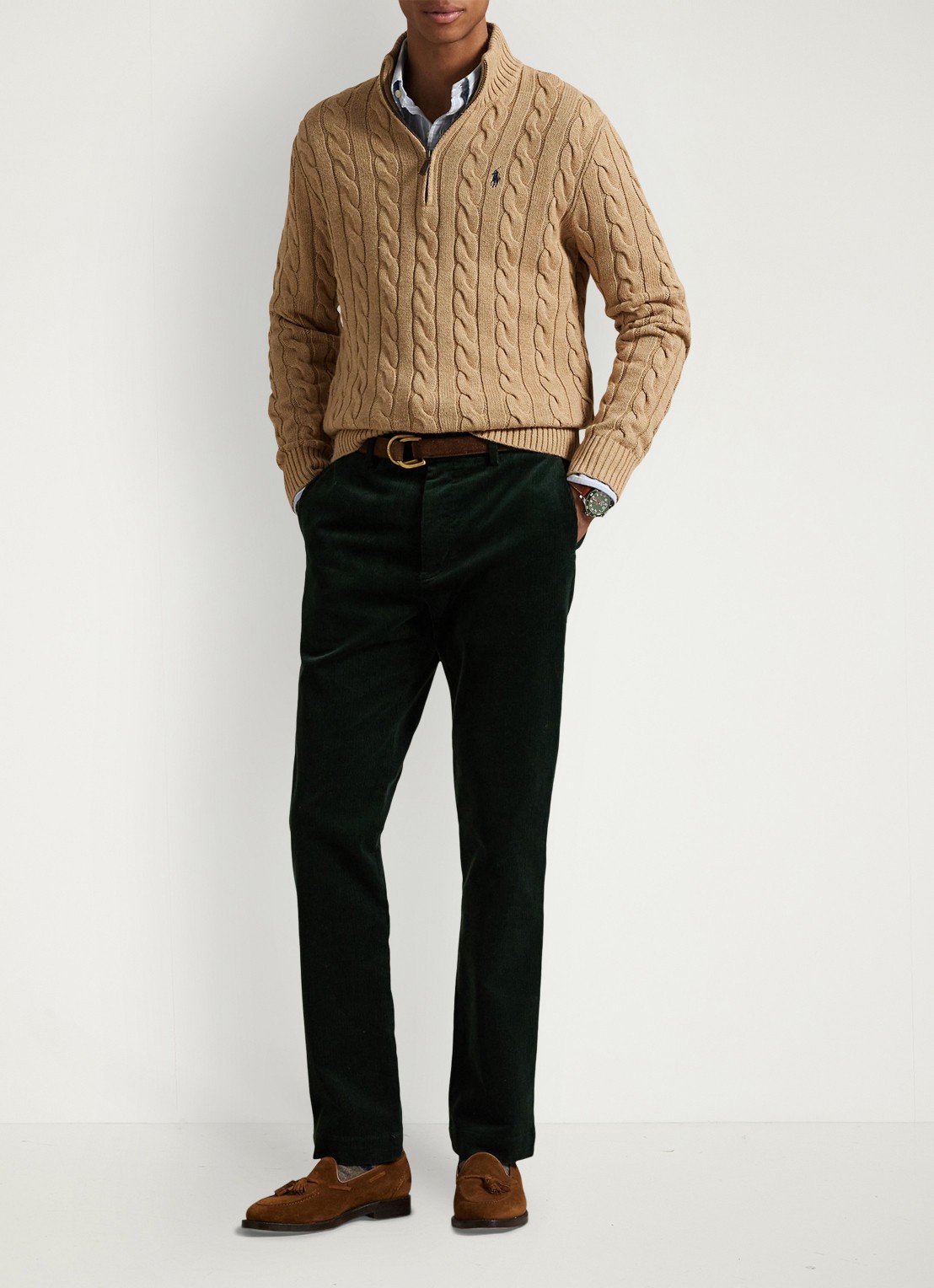 Ralph Lauren Kabelgebreide trui met logoborduring - voorkant 4 camel melange / camel