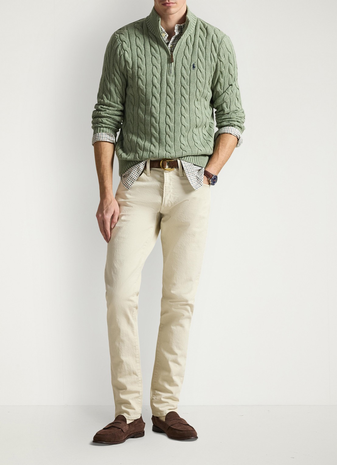Ralph Lauren Kabelgebreide trui met logoborduring - voorkant 3 fern green heather / groen