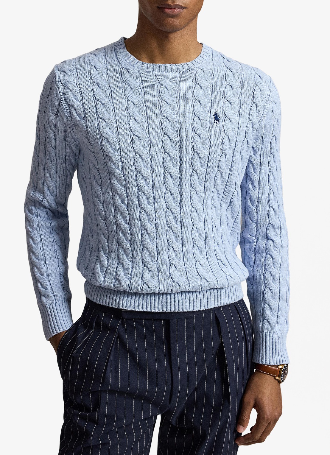 Ralph Lauren Kabelgebreide trui met logoborduring - voorkant 5 blue hyacinth hthr-44ej