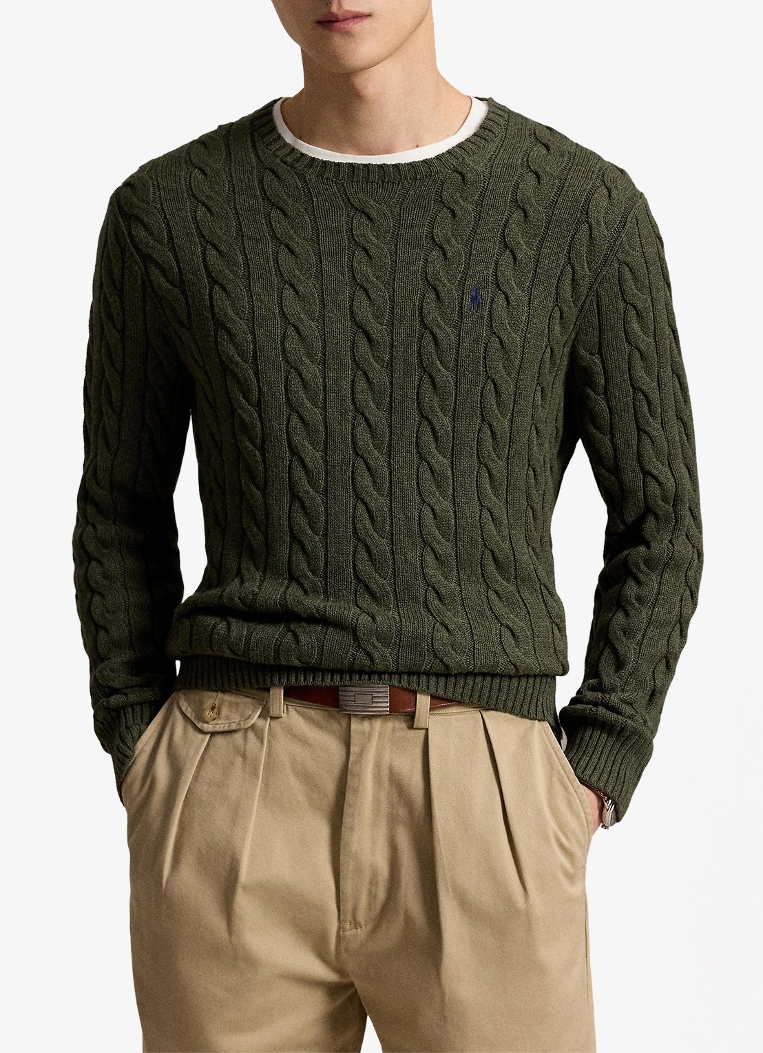 Ralph Lauren Kabelgebreide trui met logoborduring - voorkant 2 olive shrub heather-zxqg