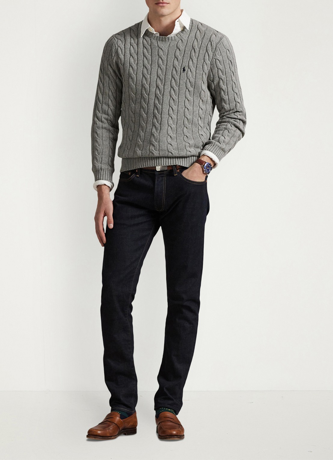 Ralph Lauren Kabelgebreide trui met logoborduring - voorkant 5 fawn grey heather / grijs