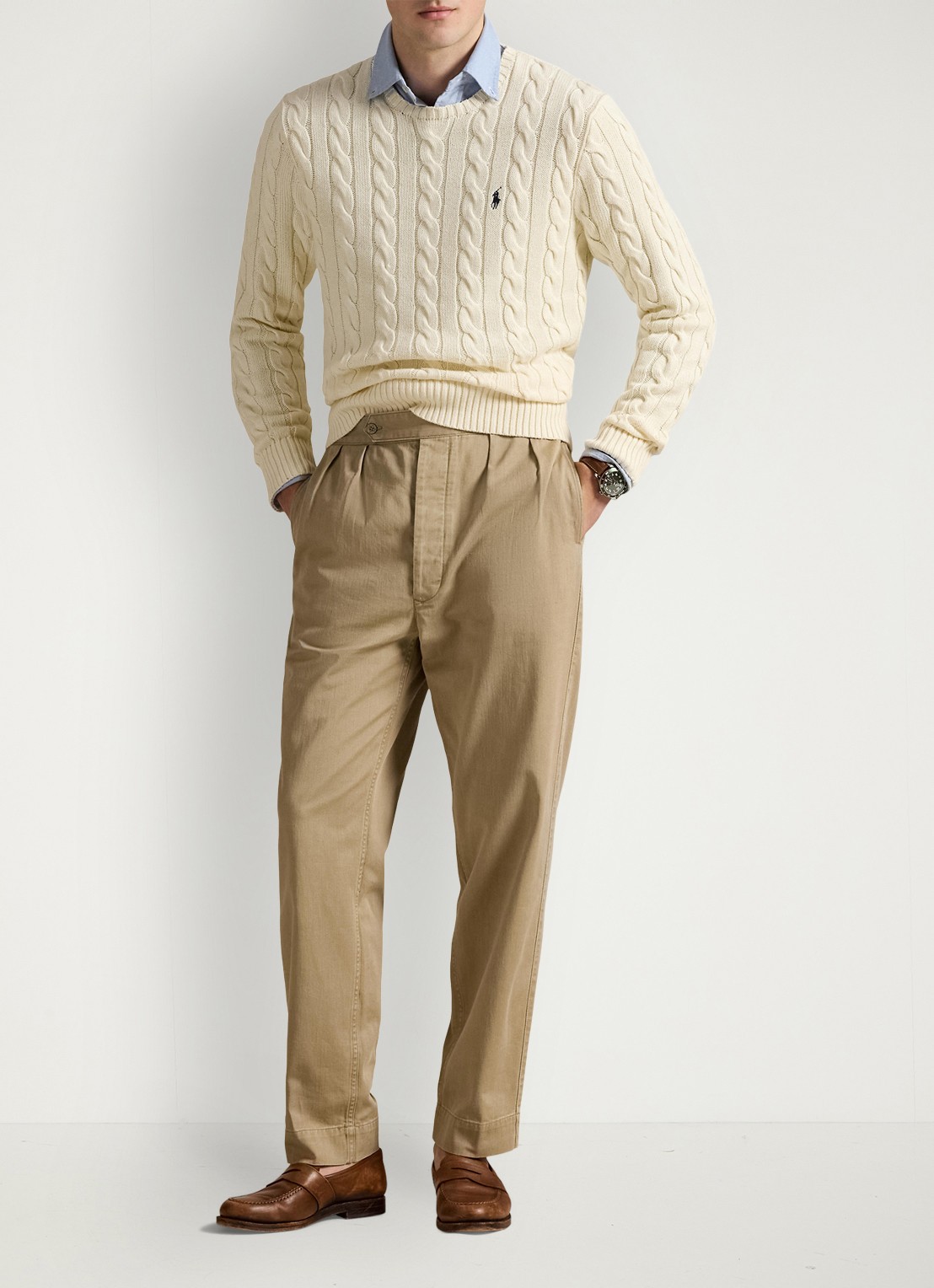 Ralph Lauren Kabelgebreide trui met logoborduring - voorkant 3 andover cream / creme