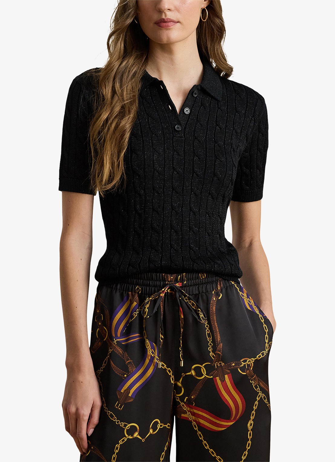 Ralph Lauren Kabelgebreide trui met polokraag  - detail 4 black metallic / zwart