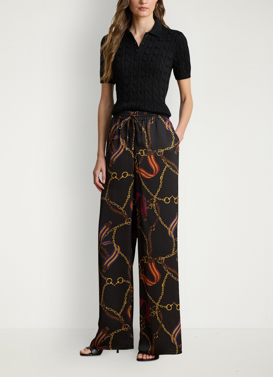 Ralph Lauren Kabelgebreide trui met polokraag  - voorkant 3 black metallic / zwart