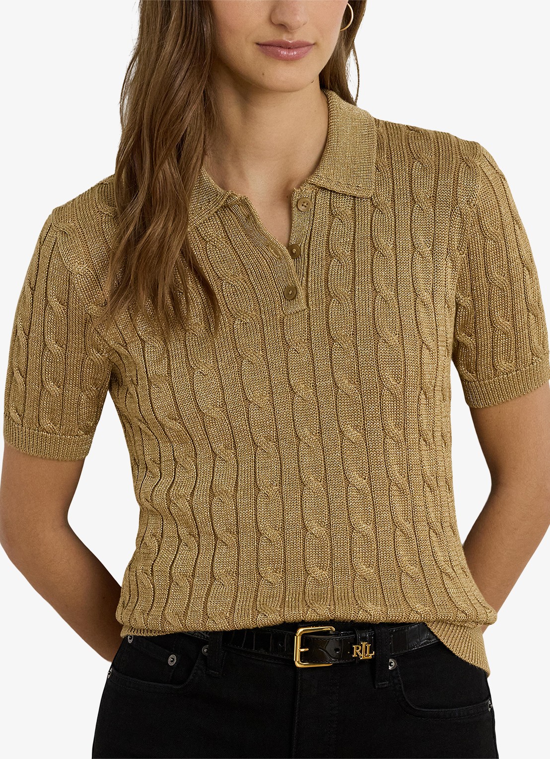 Ralph Lauren Kabelgebreide trui met polokraag  - detail relic gold metallic / goud