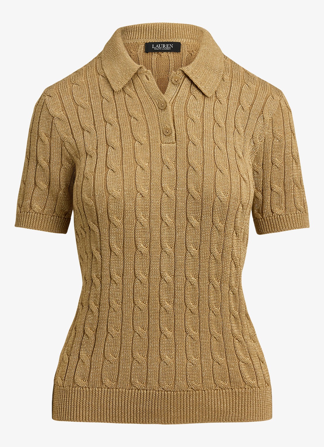 Ralph Lauren Kabelgebreide trui met polokraag  - voorkant 3 relic gold metallic / goud