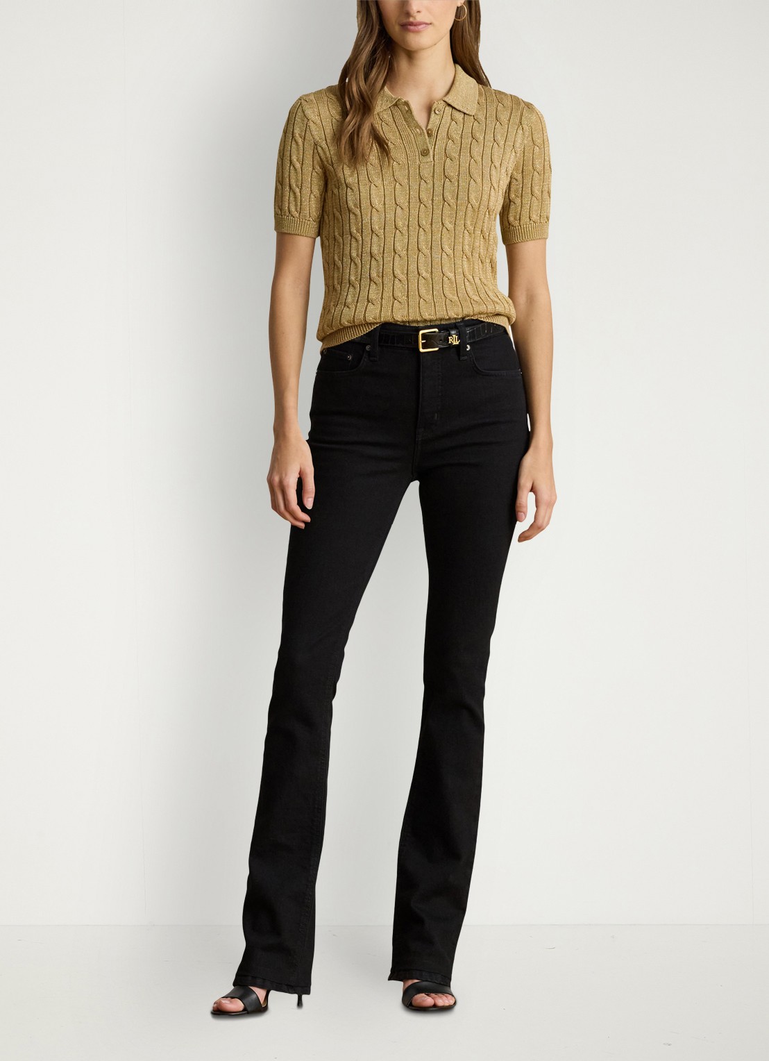 Ralph Lauren Kabelgebreide trui met polokraag  - voorkant 4 relic gold metallic / goud