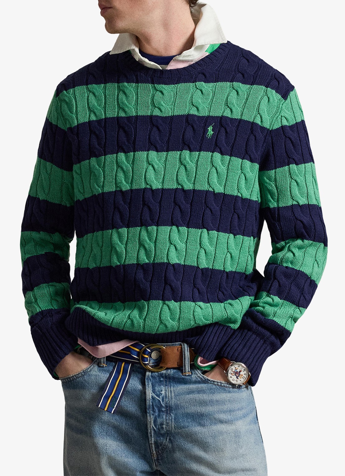 Ralph Lauren Kabelgebreide trui met streepprint - detail 2 navy green combo-3yk1