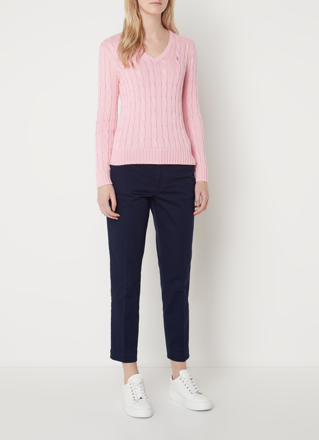 Ralph Lauren Kabelgebreide trui met V-hals - voorkant 2 roze