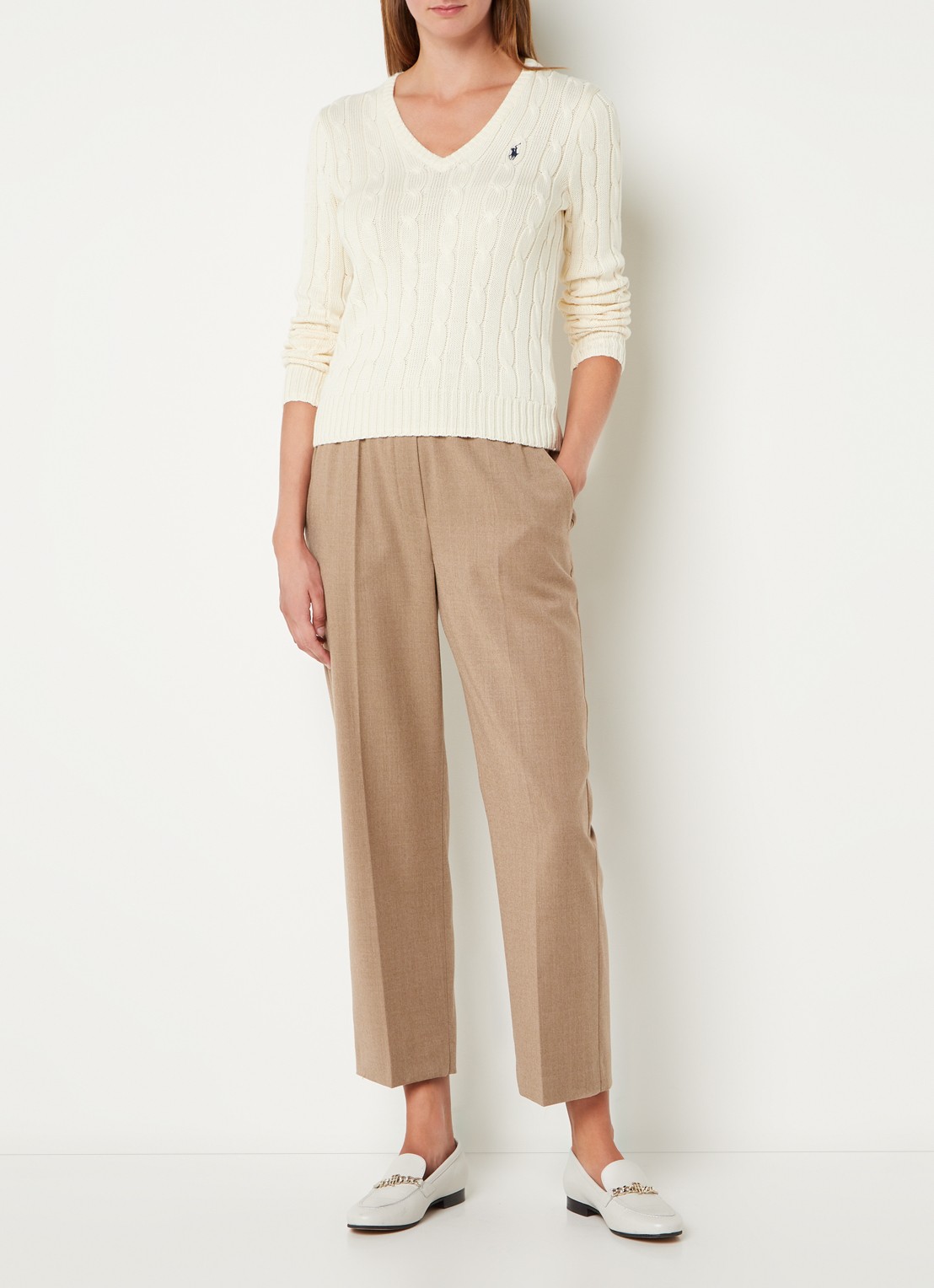 Ralph Lauren Kabelgebreide trui met V-hals - voorkant 3 gebroken wit