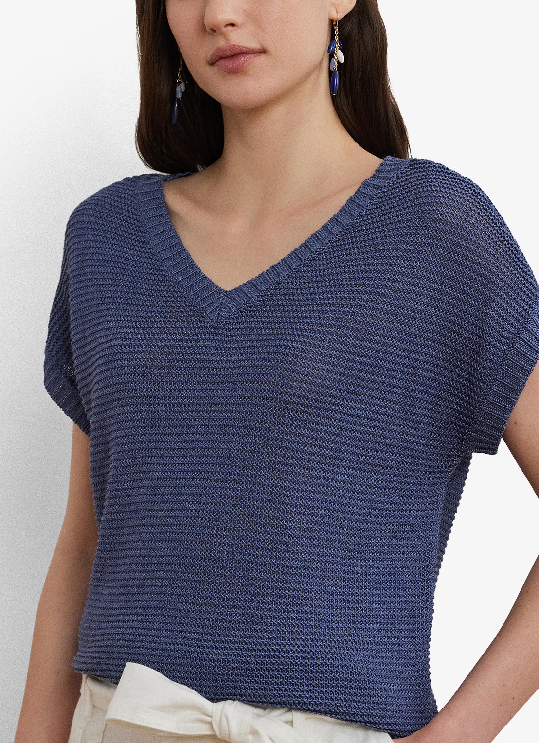 Ralph Lauren Kabelgebreide trui met V-hals - detail 4 blauw