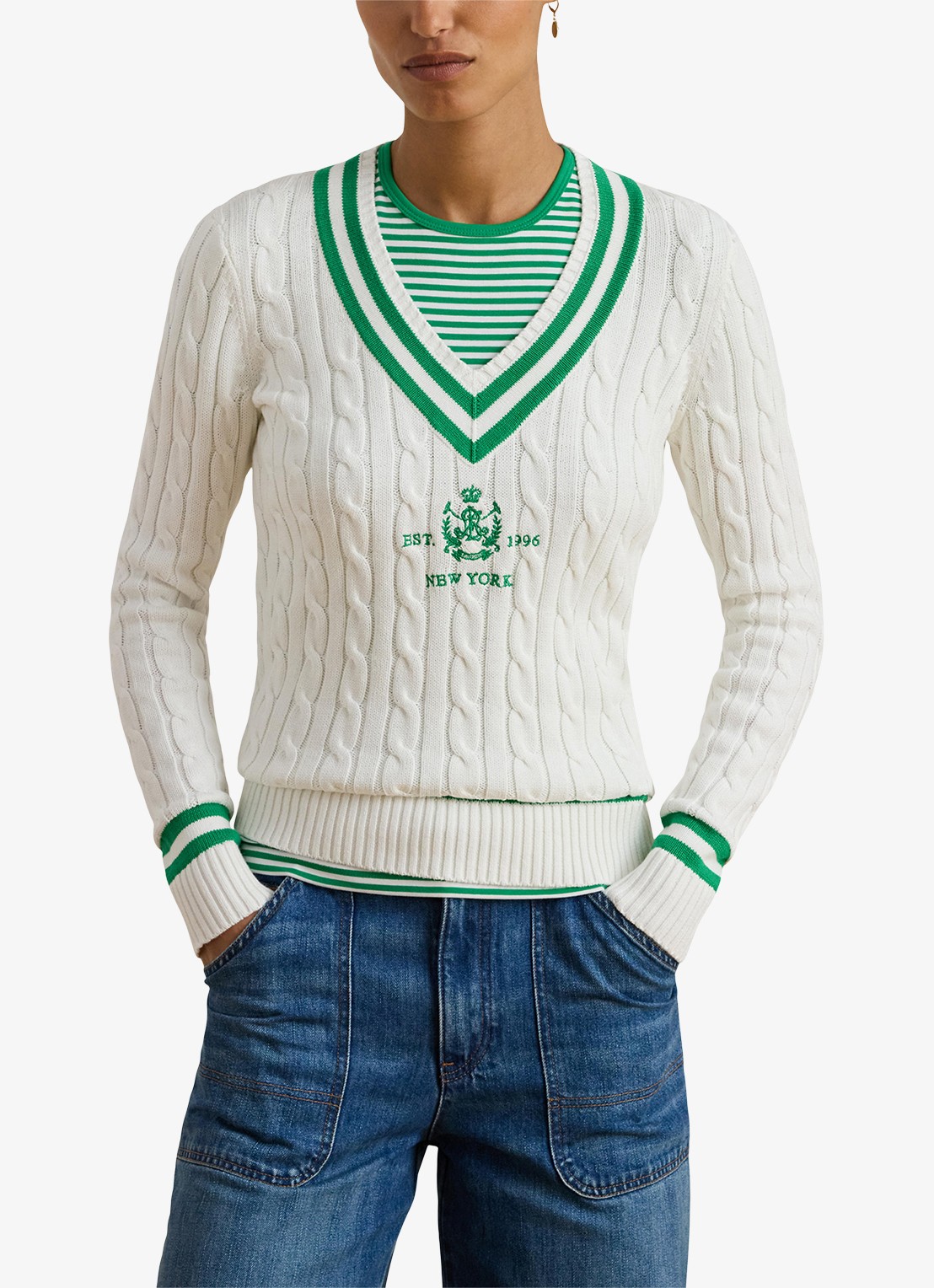 Ralph Lauren Kabelgebreide trui met V-hals - detail 4 wit