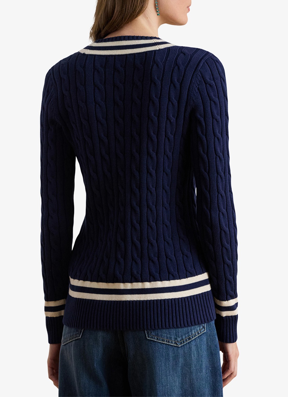 Ralph Lauren Kabelgebreide trui met V-hals - achterkant 5 donkerblauw
