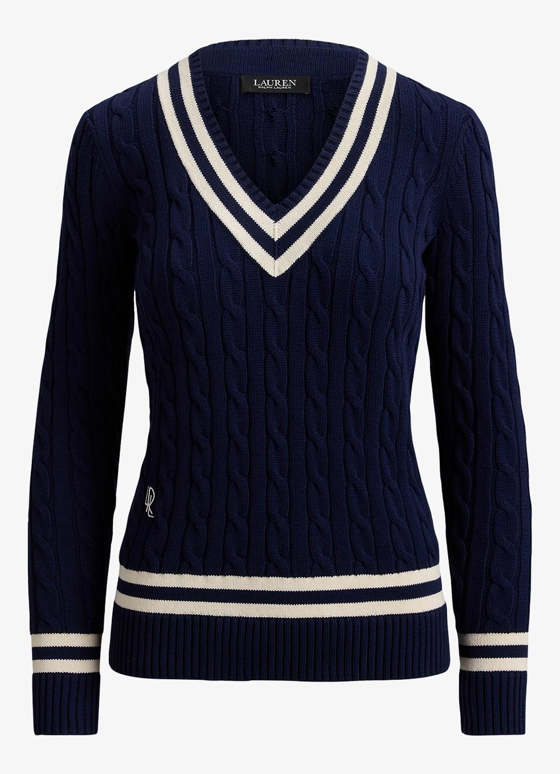 Ralph Lauren Kabelgebreide trui met V-hals - voorkant 3 donkerblauw