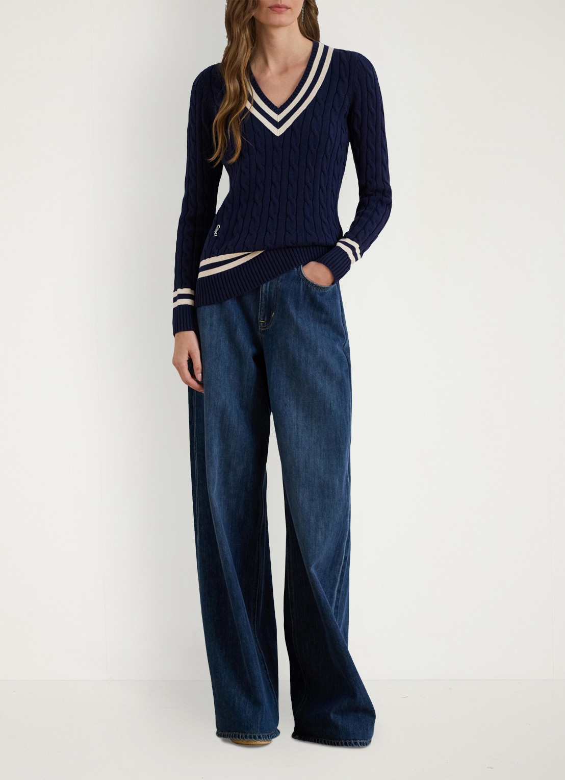 Ralph Lauren Kabelgebreide trui met V-hals - voorkant 4 donkerblauw