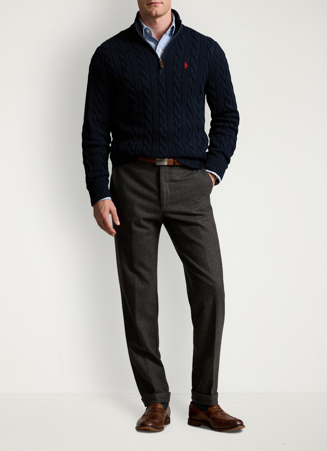 Ralph Lauren Katoenen kabeltrui met kwartrits - voorkant 2 blauw