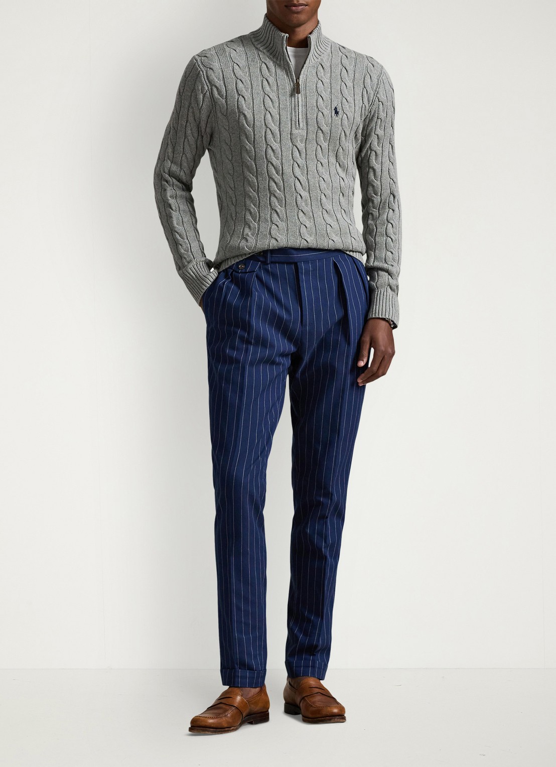 Ralph Lauren Katoenen kabeltrui met kwartrits - voorkant 2 fawn grey heather / grijs