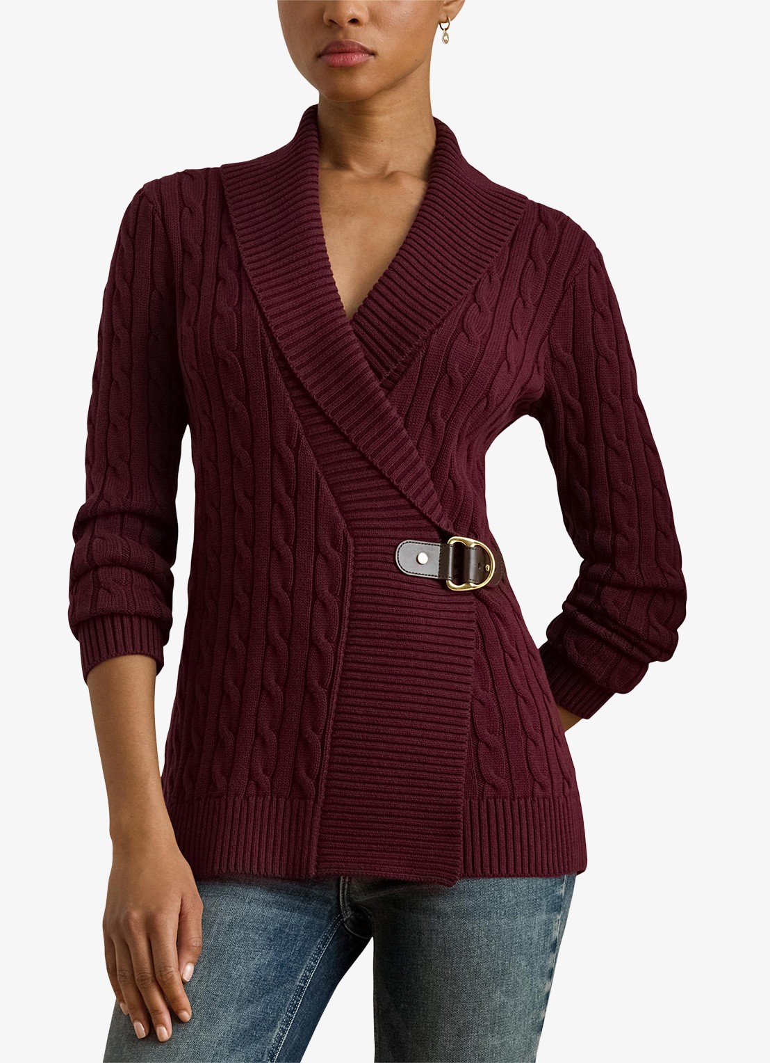 Ralph Lauren Katoenen trui met gesp - detail 3 dark garnet / bordeauxrood