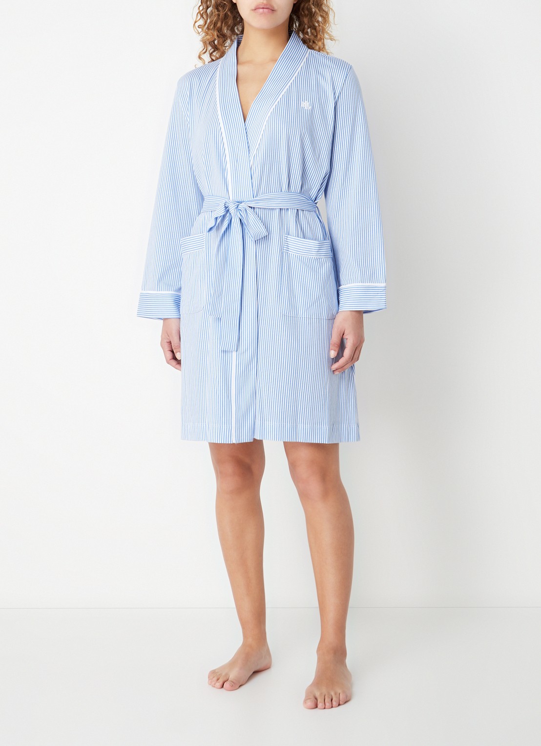 Ralph Lauren Kimono met streepprint en opgestikte zakken - voorkant 2 lichtblauw