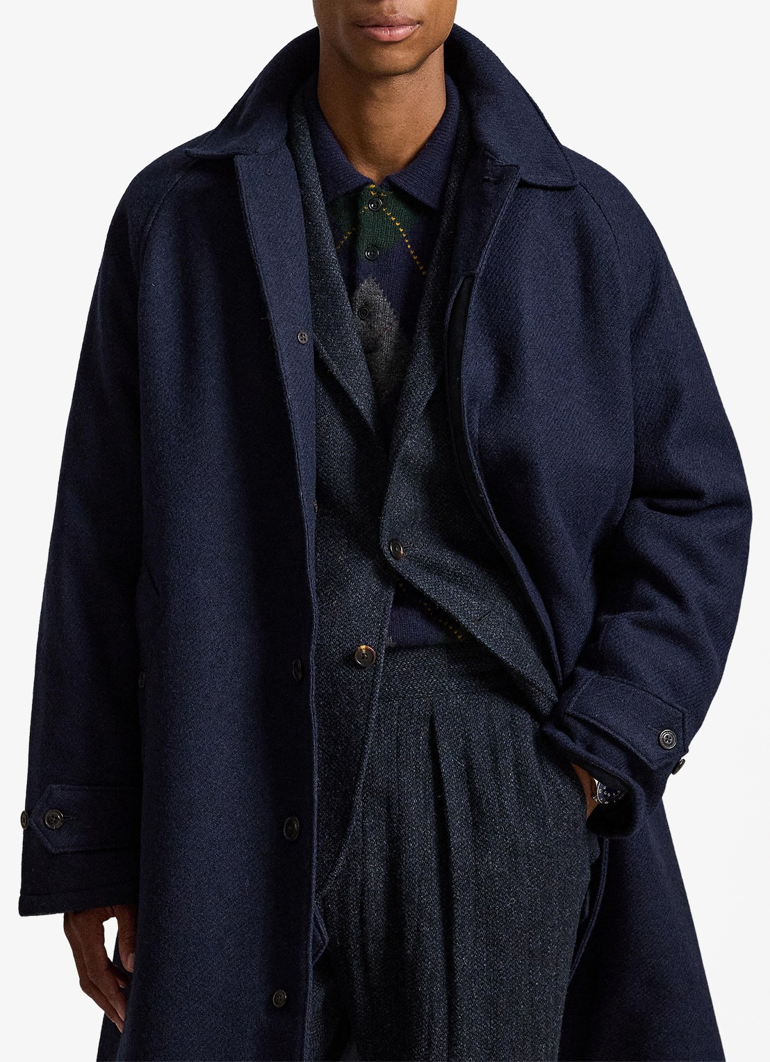 Ralph Lauren Langdon mantel van tweed met steekzakken - voorkant 4 collection navy / donkerblauw