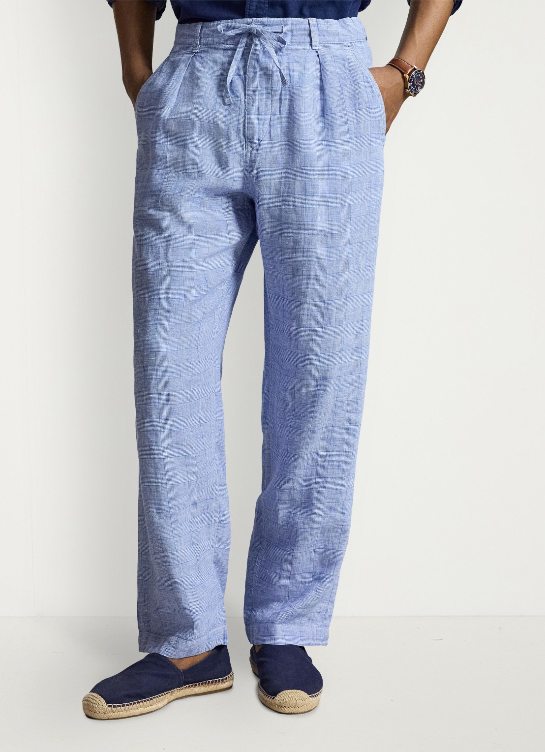 Ralph Lauren Lateef relaxed fit broek van linnen met trekkoord - detail 7273 blue white / blauw