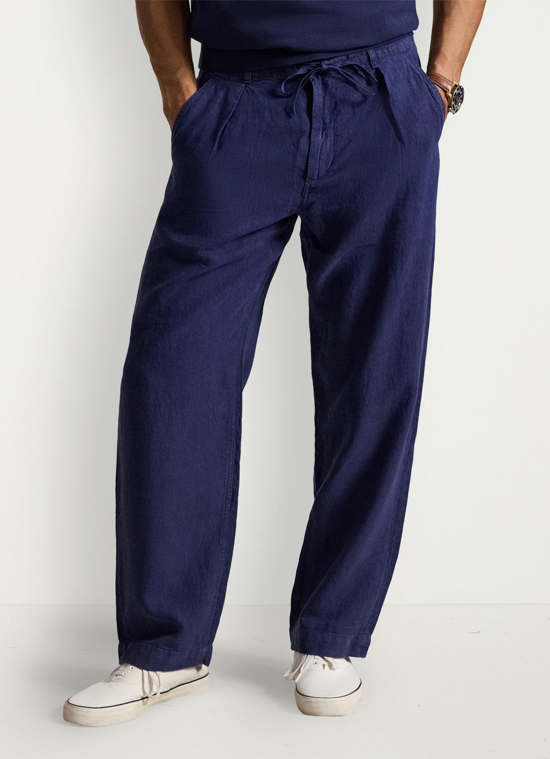 Ralph Lauren Lateef relaxed fit broek van linnen - detail newport navy / donkerblauw