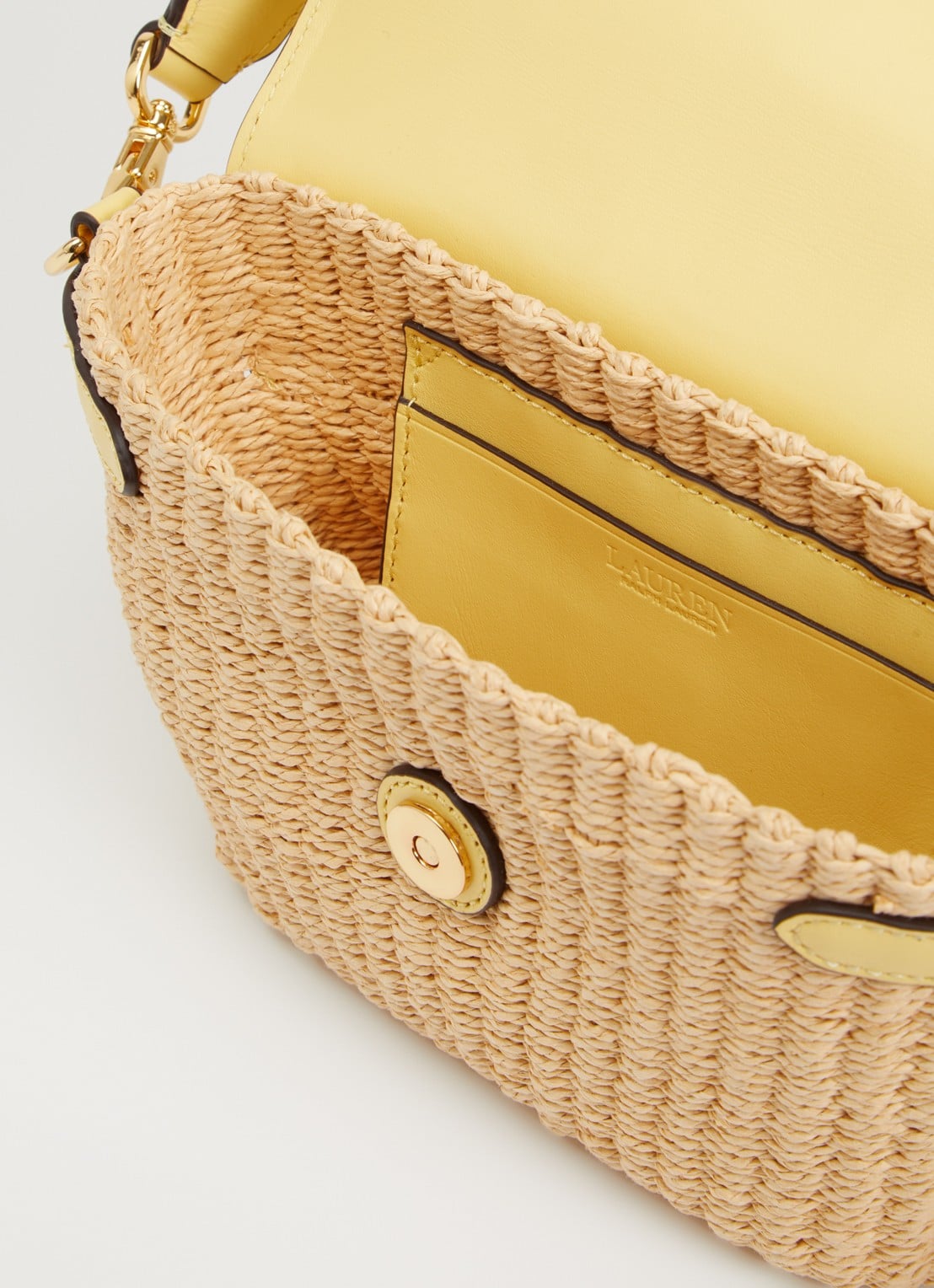 Ralph Lauren Lynden schoudertas van stro met details van leer  - detail geel
