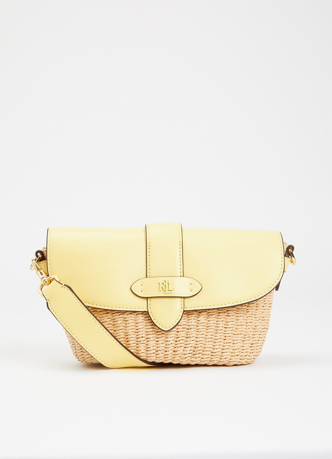 Ralph Lauren Lynden schoudertas van stro met details van leer  - voorkant 4 geel