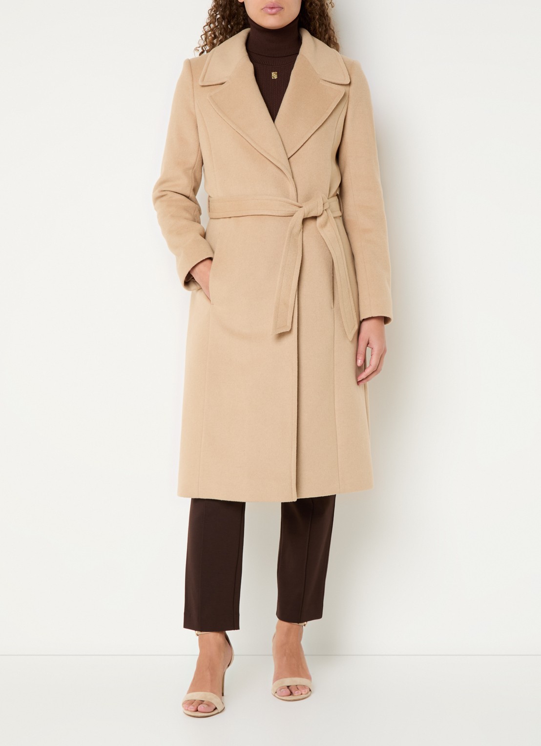 Ralph Lauren Mantel in kasjmierblend met schoudervulling en ceintuur - voorkant 3 camel