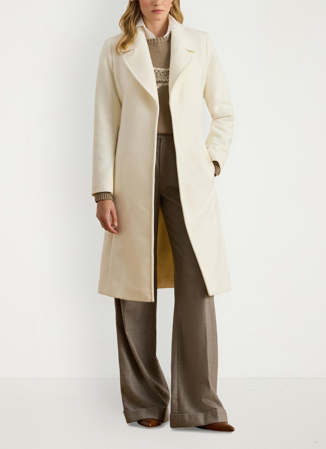 Ralph Lauren Mantel in kasjmierblend met schoudervulling en ceintuur - voorkant 2 moda cream / creme