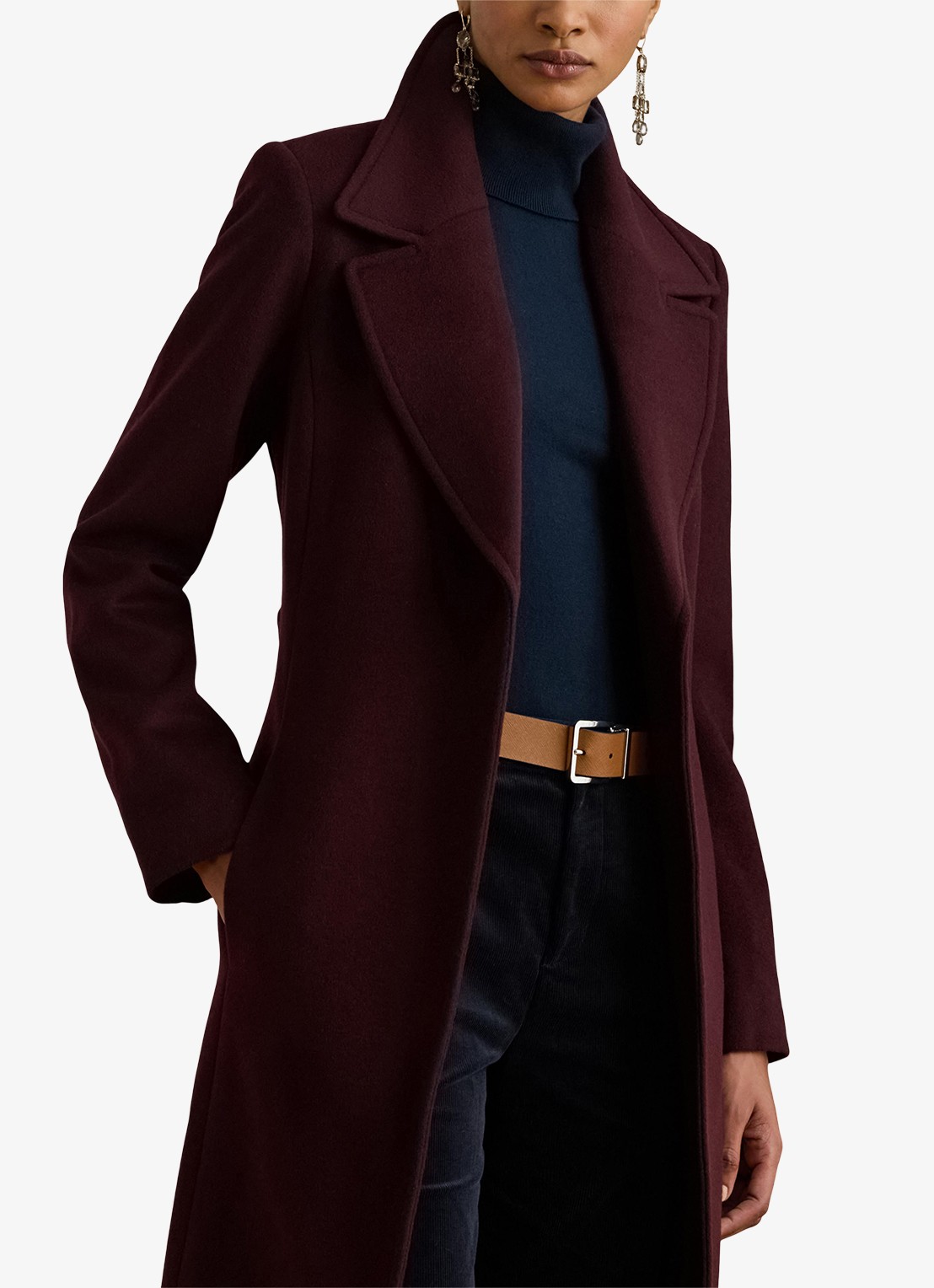 Ralph Lauren Mantel in kasjmierblend met schoudervulling en ceintuur - detail 2 pinot noir / bordeauxrood