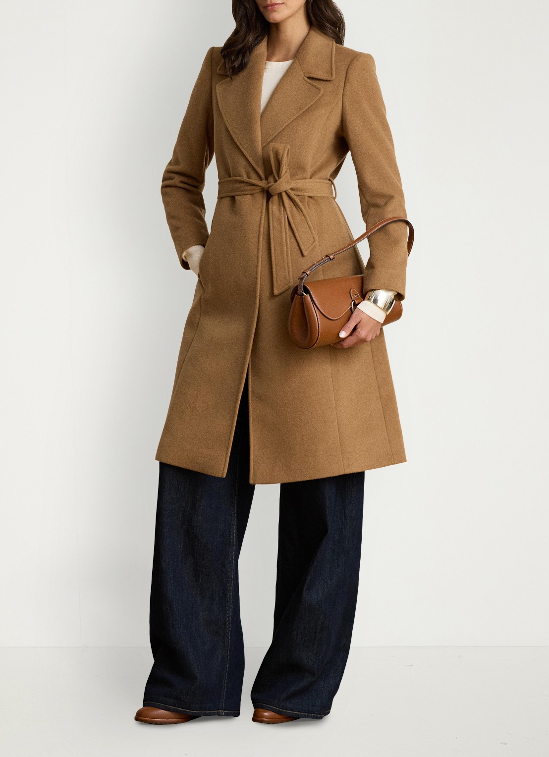 Ralph Lauren Mantel in kasjmierblend met schoudervulling en ceintuur - voorkant 3 new vicuna / beige