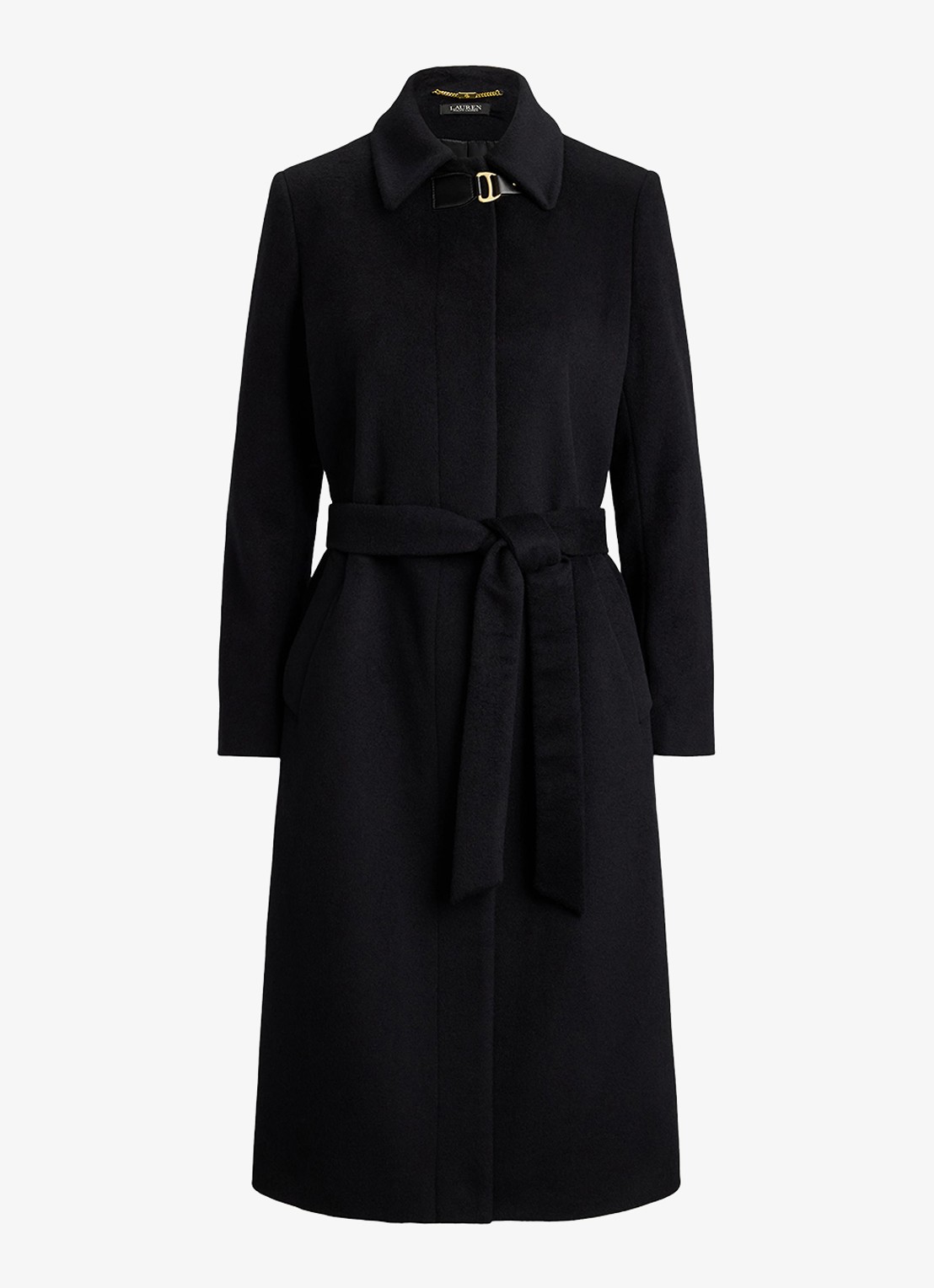 Ralph Lauren Mantel in kasjmierblend met strikceintuur - voorkant zwart