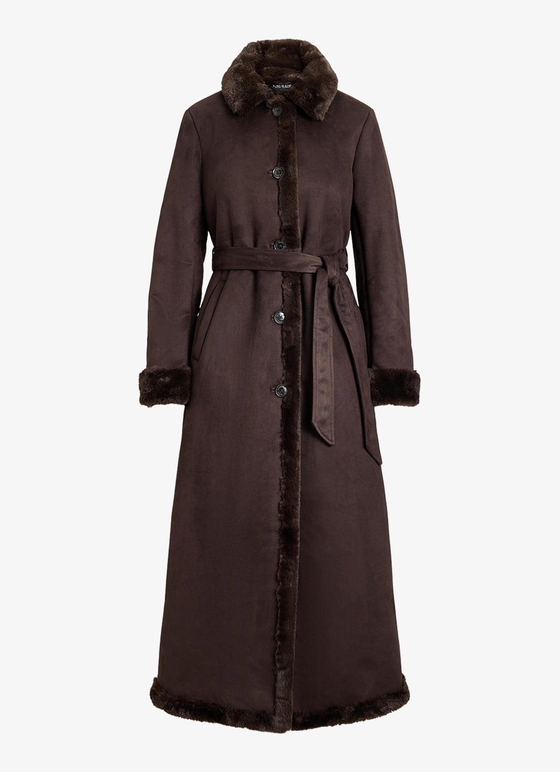 Ralph Lauren Mantel met strikceintuur en imitatiebont - voorkant circuit brown / bruin