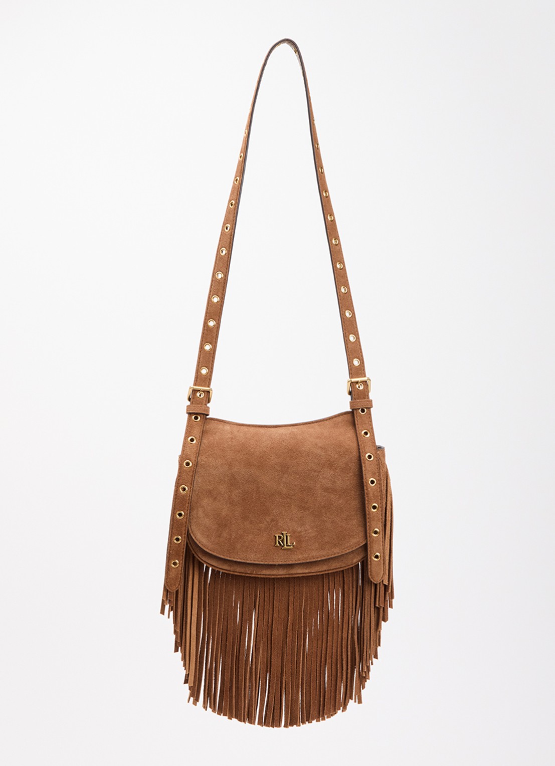 Ralph Lauren Marcy Medium crossbodytas van suède - voorkant lichtbruin