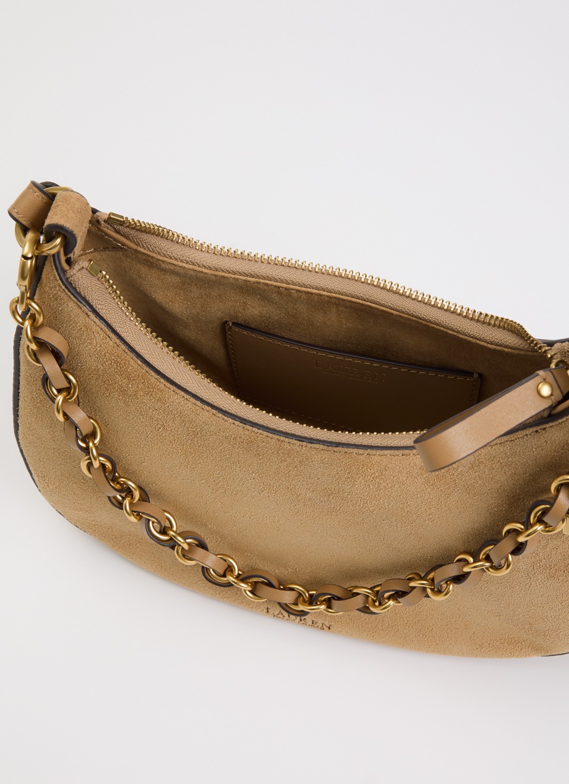 Ralph Lauren Marcy Medium schoudertas van suède met afneembare schouderriem - detail camel