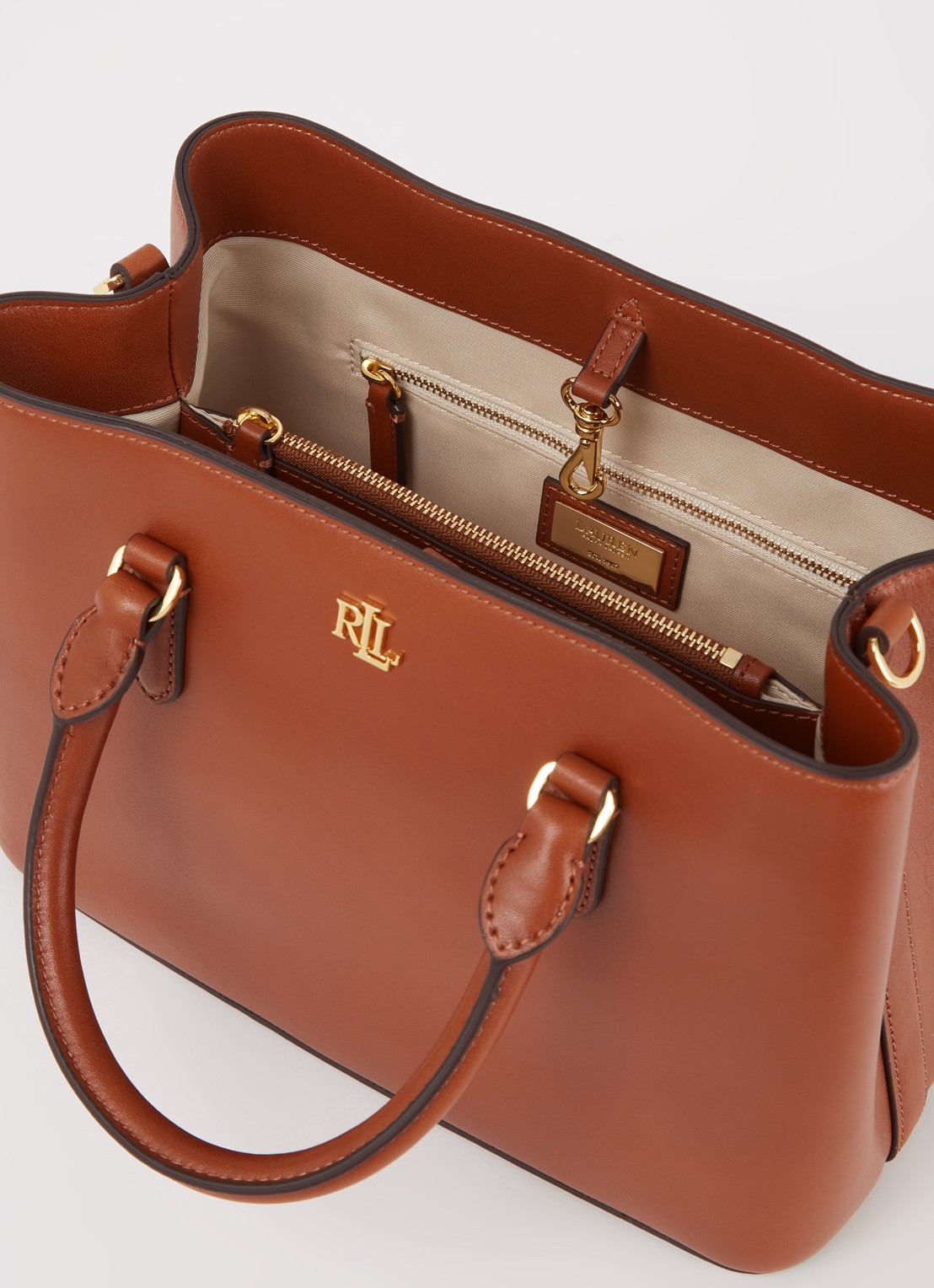 Ralph Lauren Marcy Small handtas van leer - detail cognac