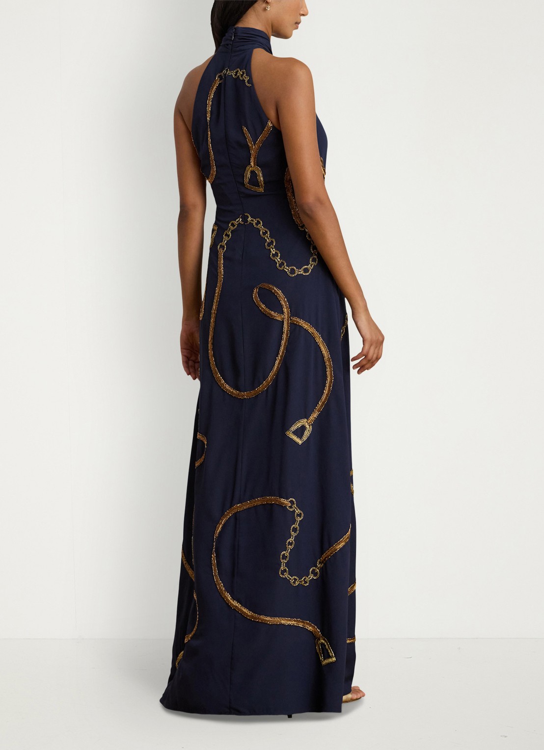 Ralph Lauren Maxi halterjurk met kralendecoratie - achterkant donkerblauw