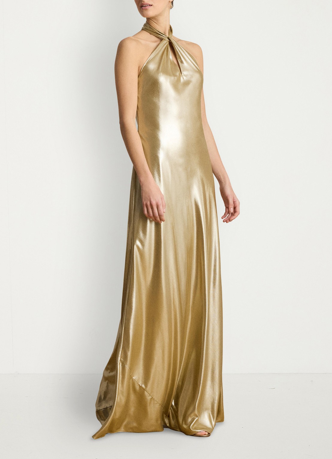 Ralph Lauren Maxi halterjurk met metallic finish - voorkant 4 tan/light gold foil / goud